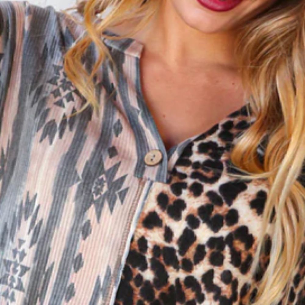 Aztec Leopard Print Color Block Rib Placket Button Front Tunic Top Buttery Soft - Picture 9 of 12